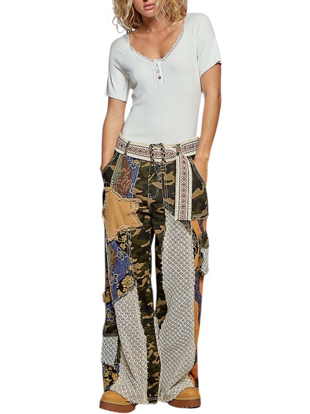 941. POL Women’s Camo/Blue Multi Patchwork Woven Twill Pants NEW - Picture 5 of 5